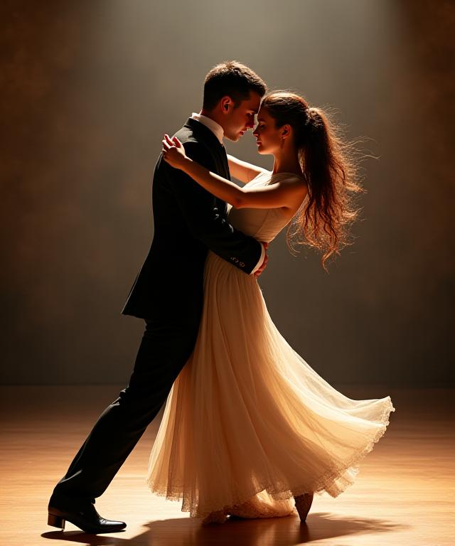 Ballroom dance couple performing a graceful dip pose