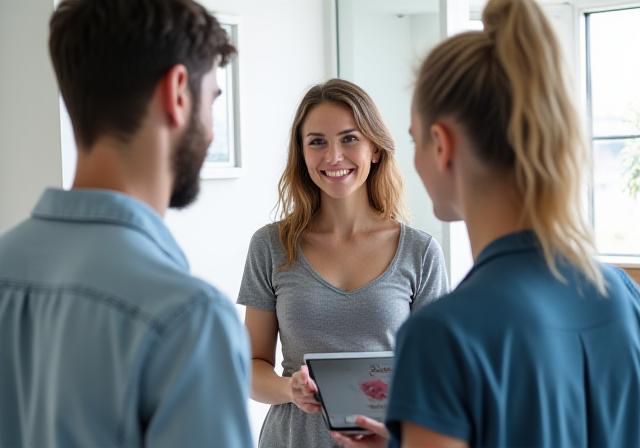 Dance instructor helping couple select music