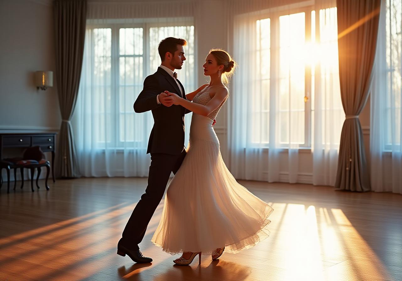 Professional ballroom dance couple during a private lesson