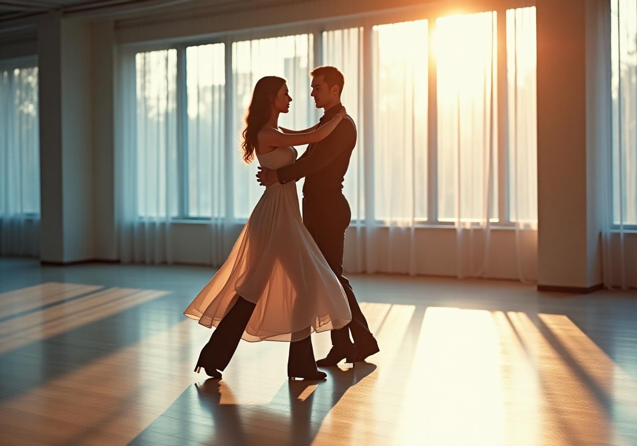 Elegant couple dancing in a sunlit studio